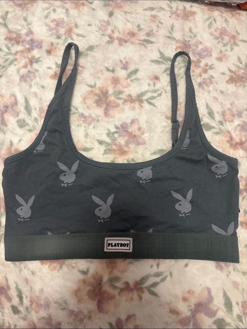 PLAYBOY Dark Gray Bunny Print Scoop Bralette